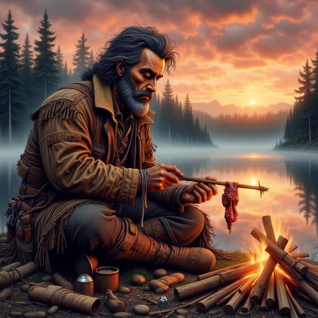 Rugged Trapper in Sunset Wilderness