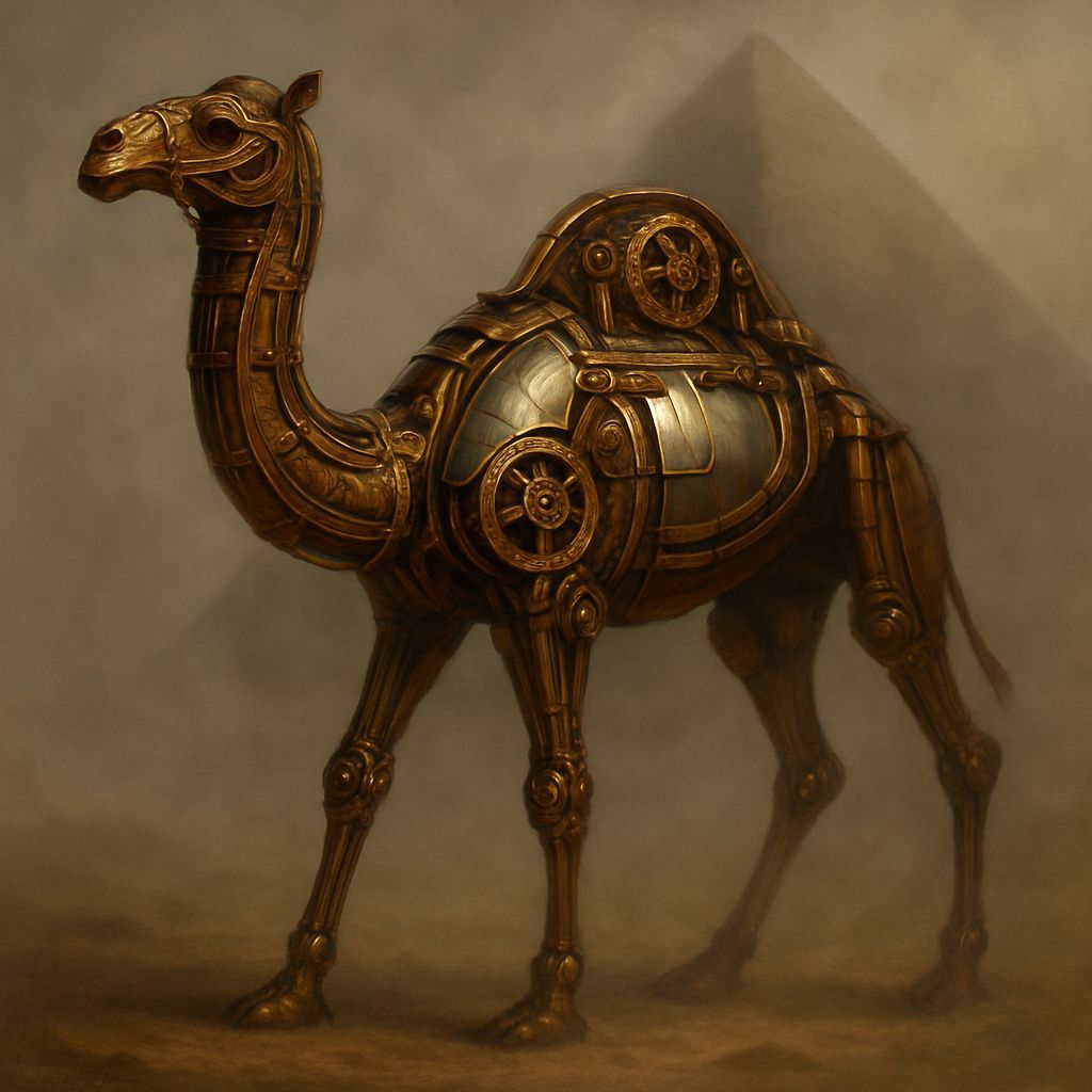 Steampunk Camel Sculpture in Misty Desert