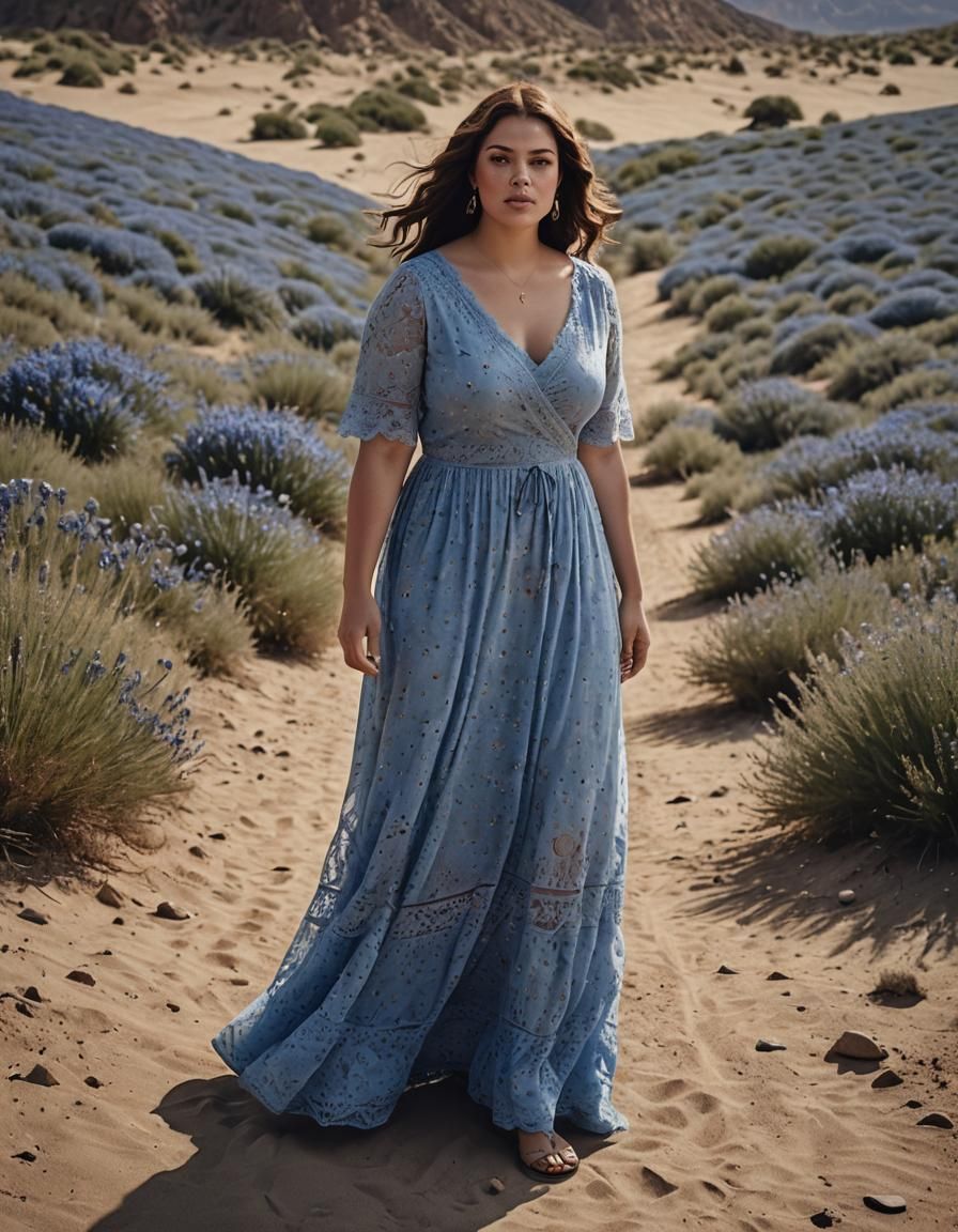 Plus-Size Woman in Blue Lace Dress: Cinematic Portrait
