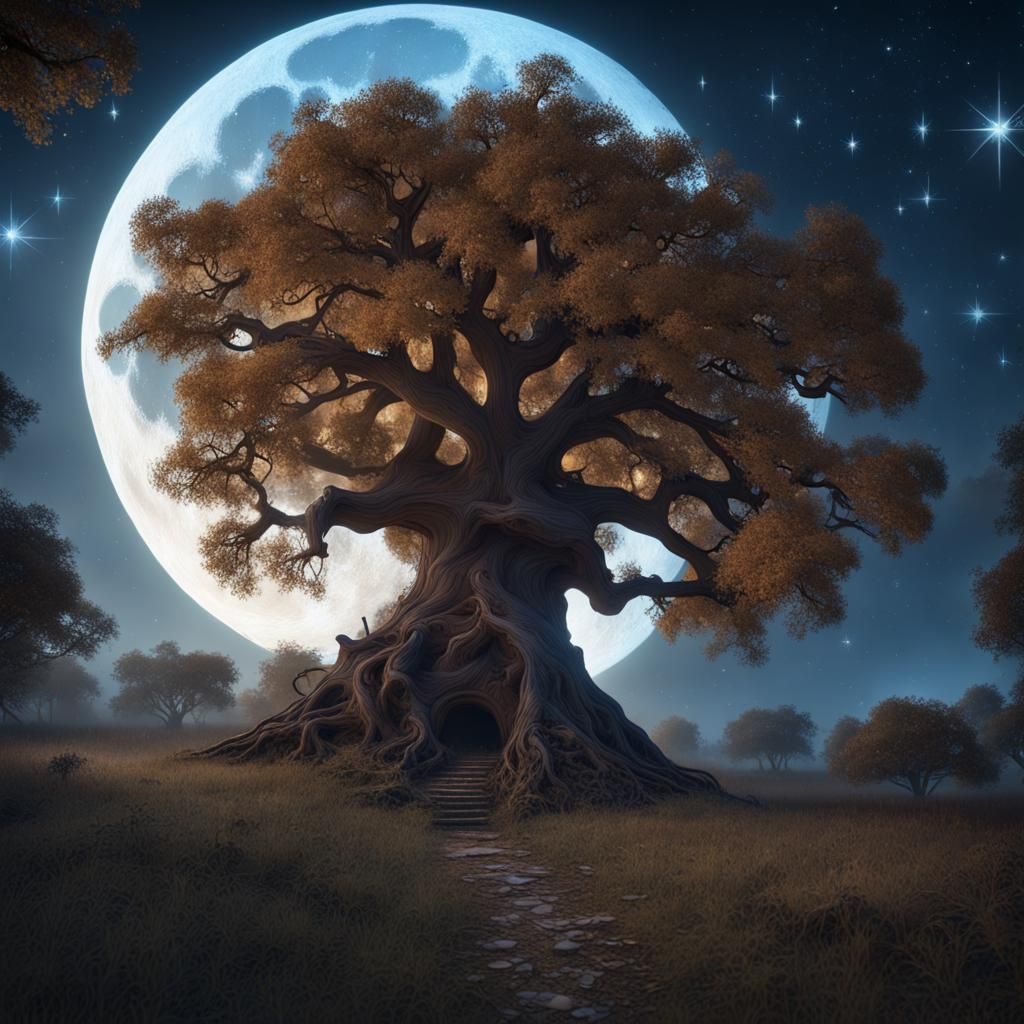 Enchanted Oak Tree with Fairies and Moon