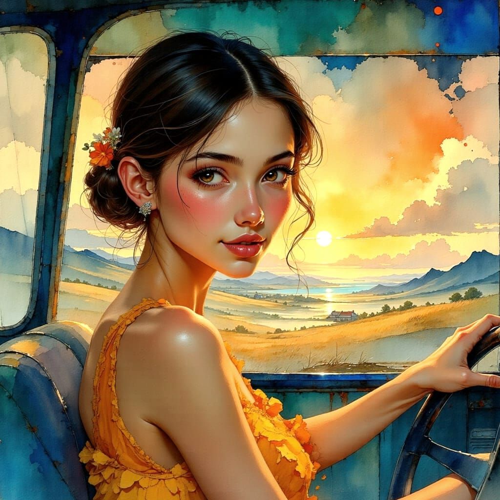 City Lights Watercolor Painting with Deep Colors