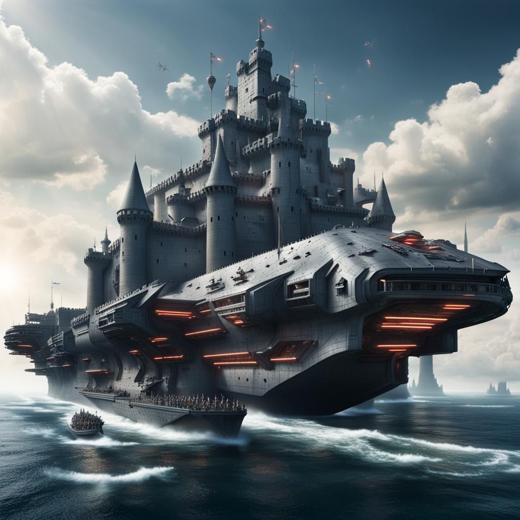 Futuristic Medieval Castle Aircraft Carrier with Neon