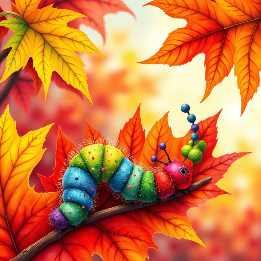 Fuzzy Caterpillar on Autumn Leaf in Eric Carle Style