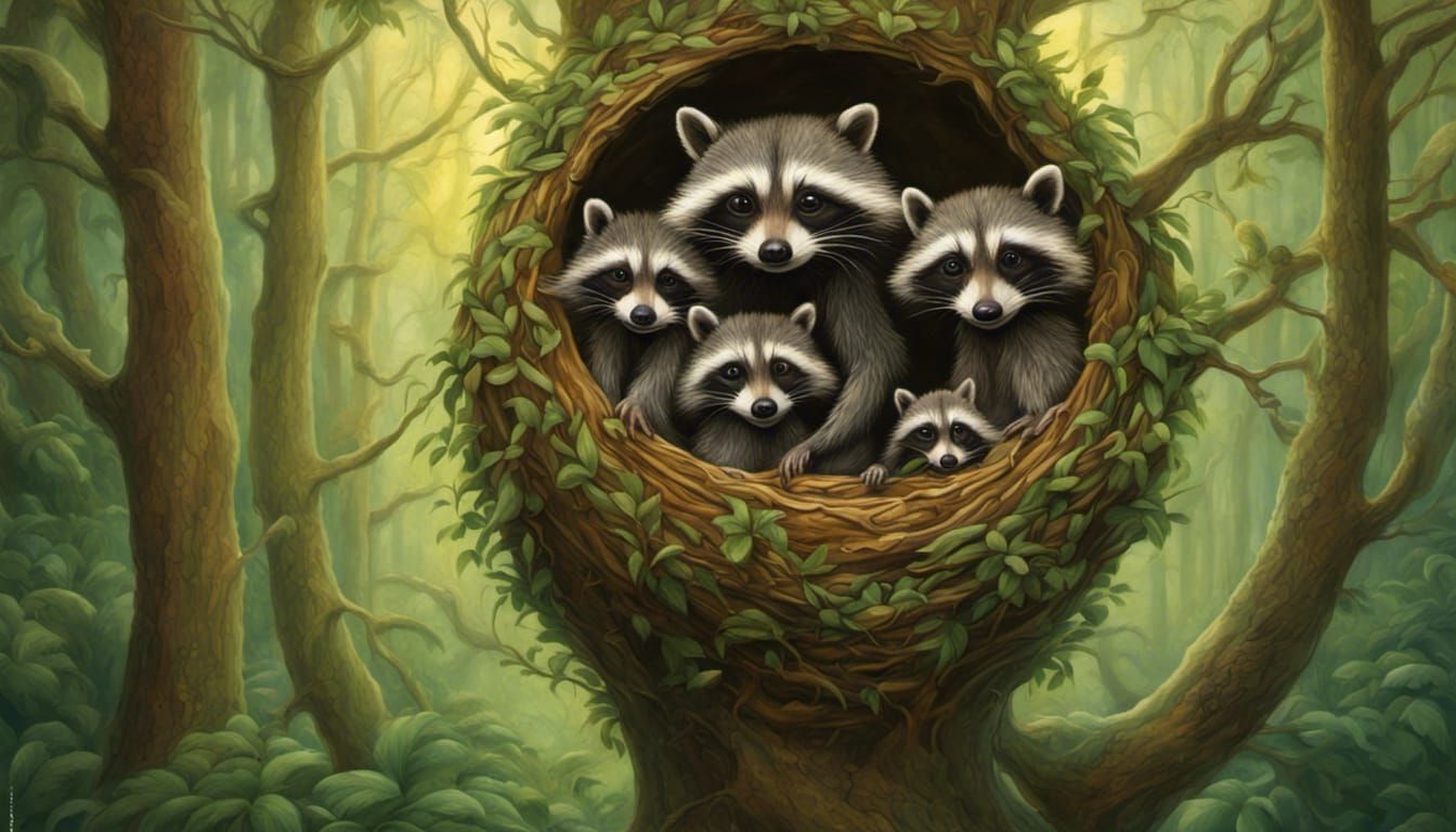 Raccoon Family in Surreal Forest Nest
