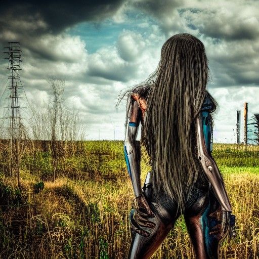 Biopunk Woman in Wrecked Farm, H.R. Giger Style