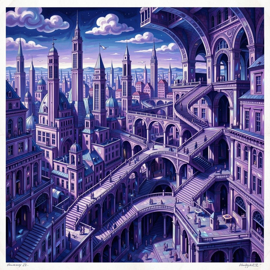 Escher Style Fantastical Skyscape Cityscape Tessellation