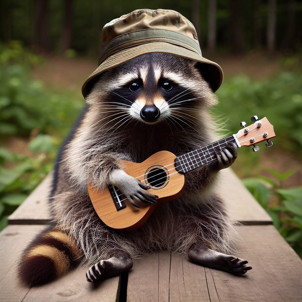 Raccoon Plays Ukulele in Woodland Scene