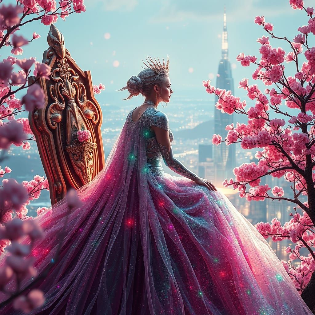 Cyborg Queen Reigns in Springtime Splendor, Cyberpunk Style