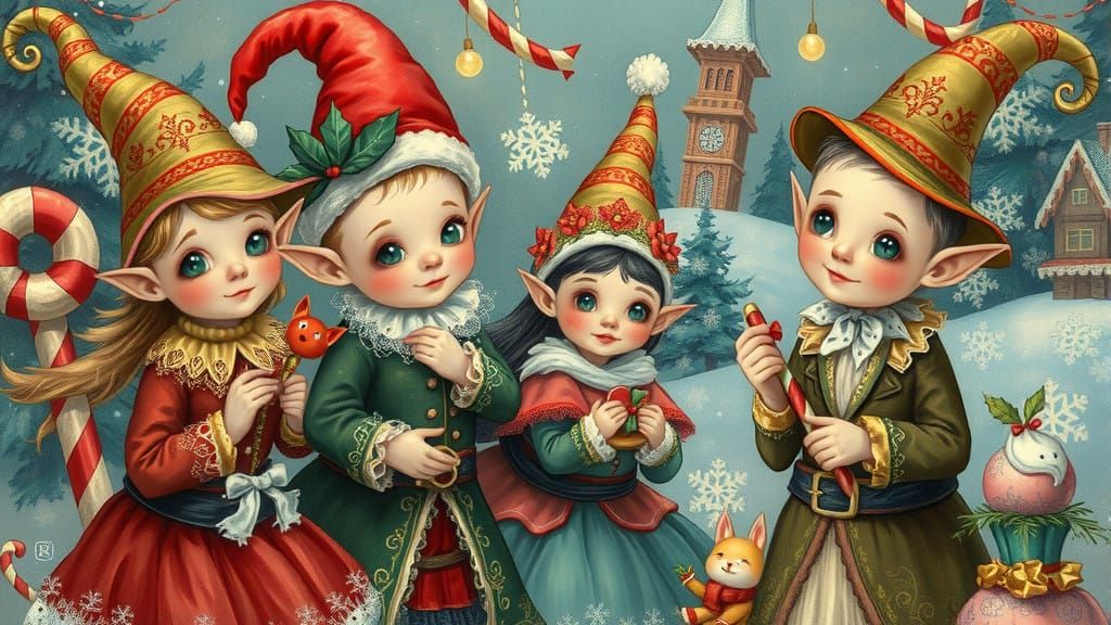 Whimsical Christmas Elves Amidst Vibrant Candyland Wonderlan...