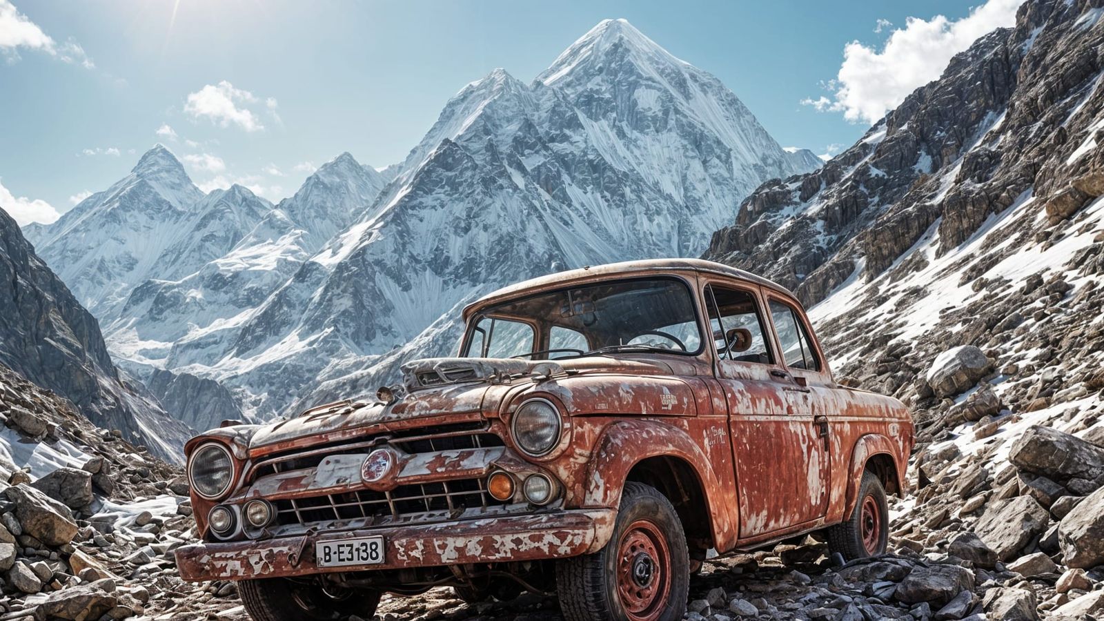 Viewed from a climber’s perspective looking up at the summit of Mount Everest is a rusty old Ford Model