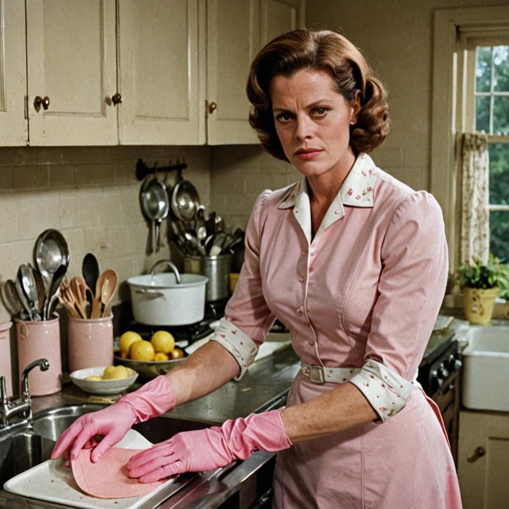 Retro Image of Stepford Wife Doing Dishes