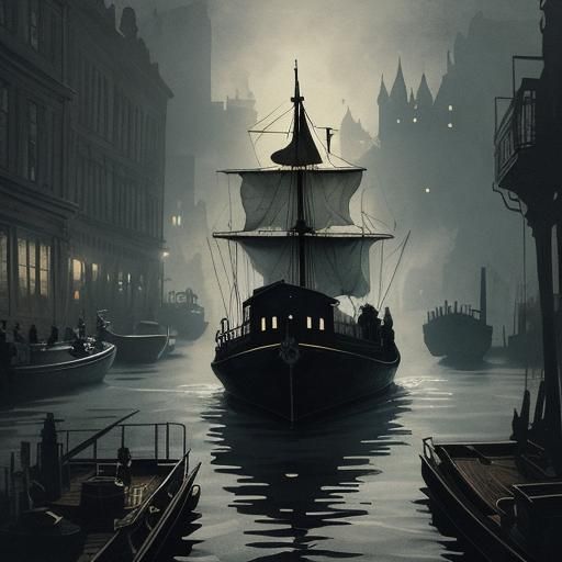 Steampunk Boat on the Thames: Ink Painting