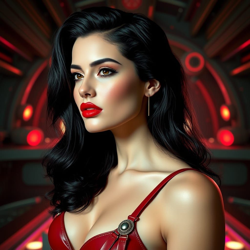 Elegant Woman in Retro Bikini with Sci-Fi Backdrop