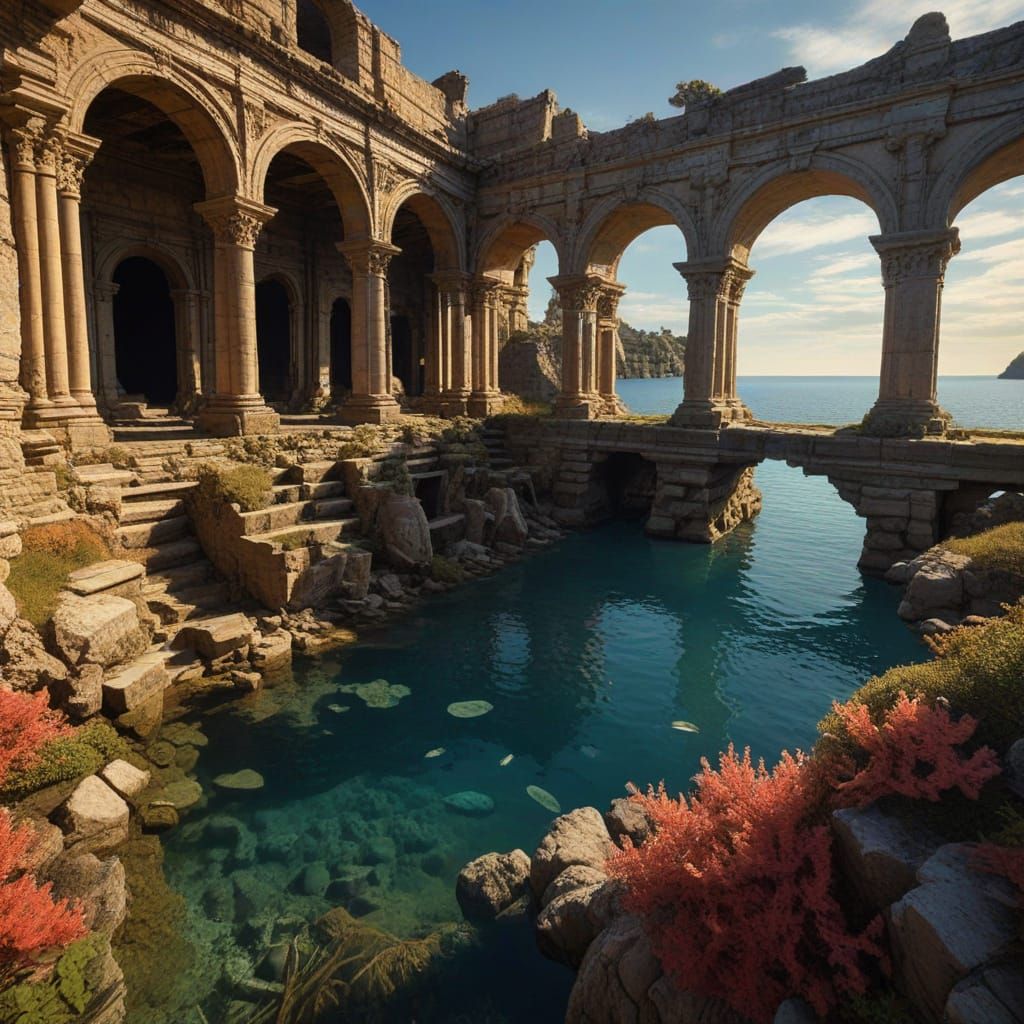 Diver Explores Sunken City Ruins in Surrealist Style