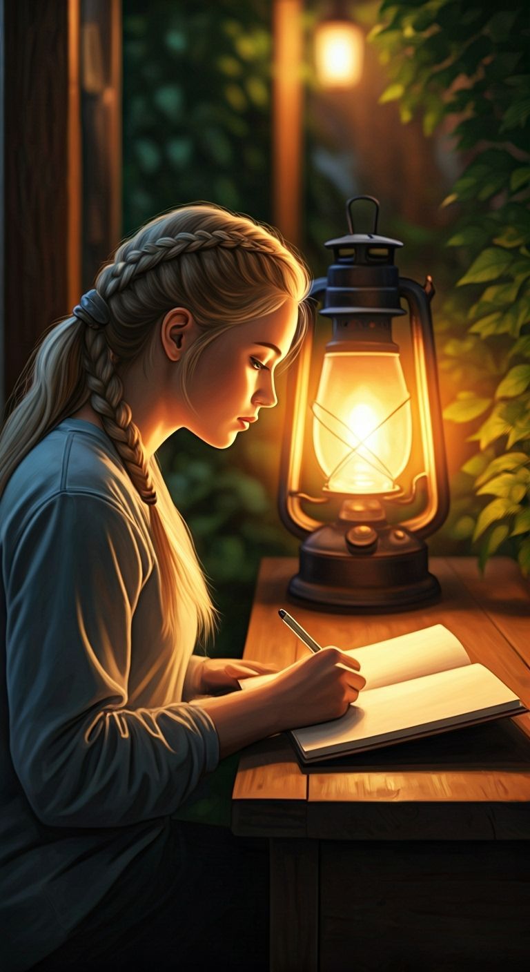 Woman Studying by Gas Lamp in Impressionist Watercolor Style