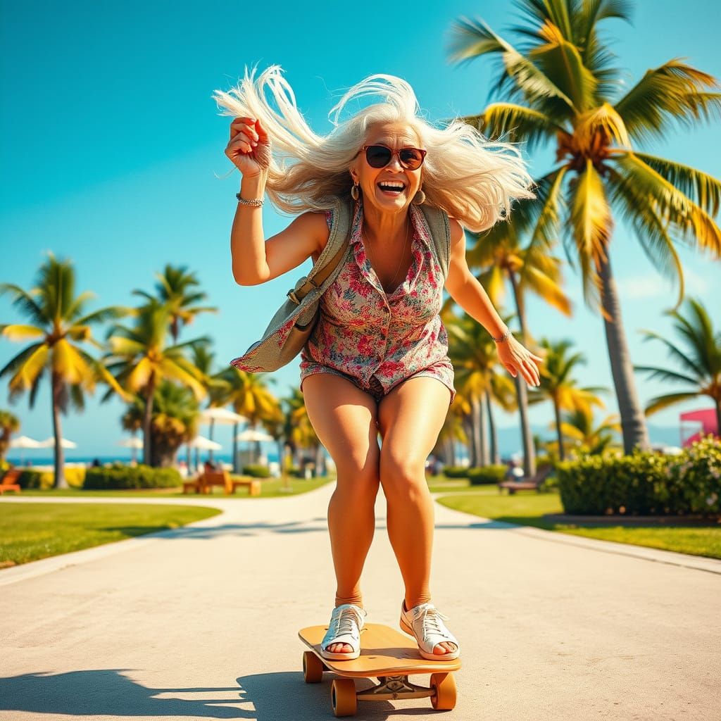 Grandma Skateboarding in Retro Beachside Park