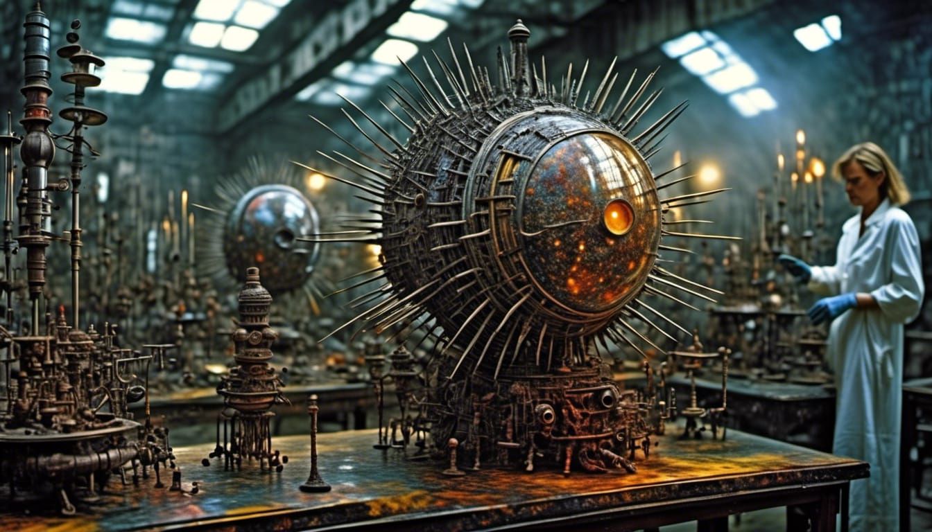 Surreal Objects Laboratory with God Rays in Hyperrealism