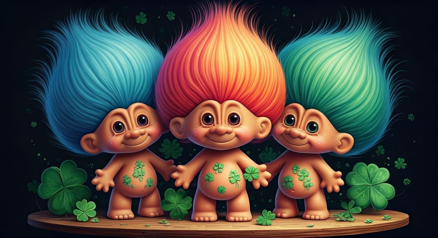 Whimsical Troll Dolls Surrounded by Lucky Charms