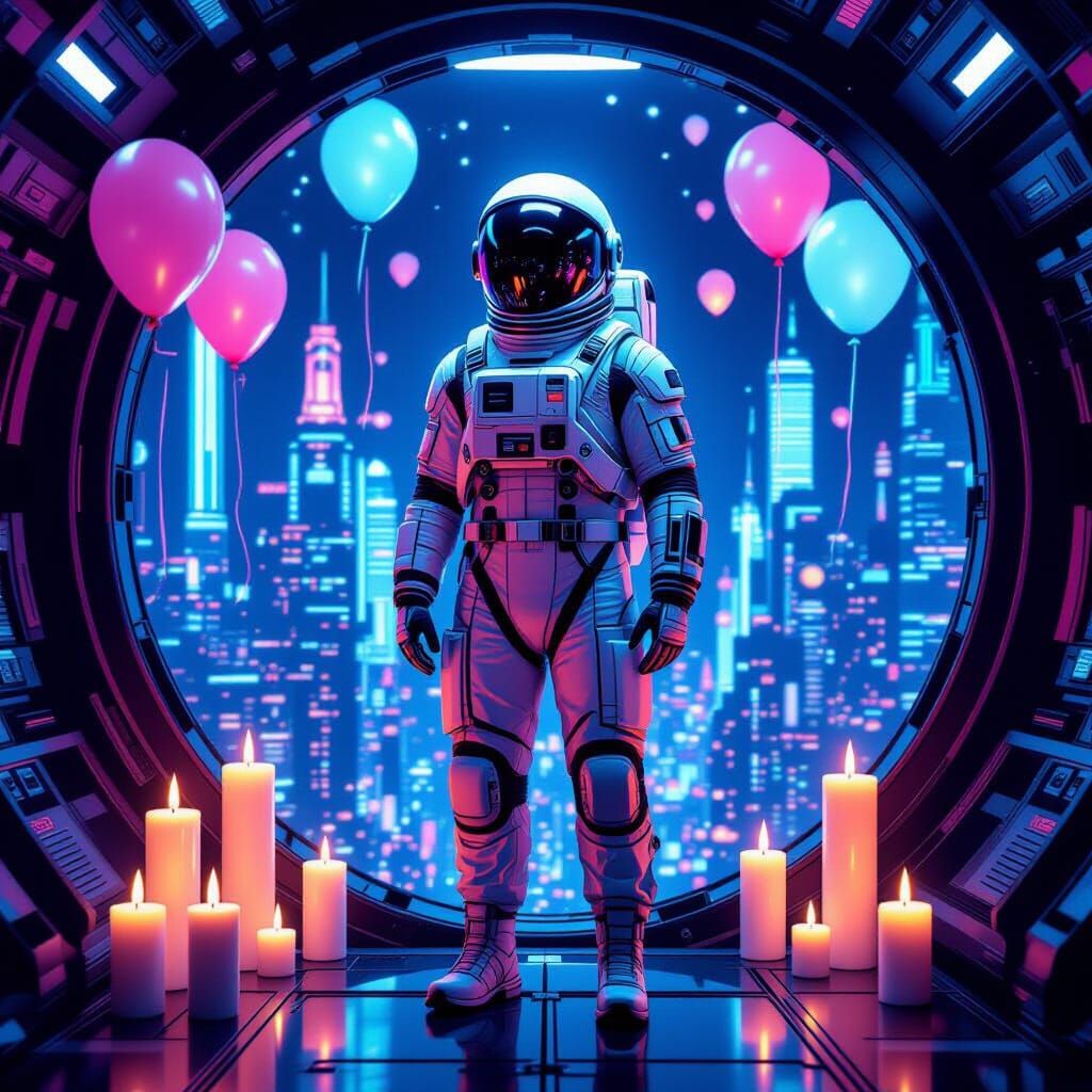 Futuristic Astronaut Birthday in Cyberpunk Cityscape