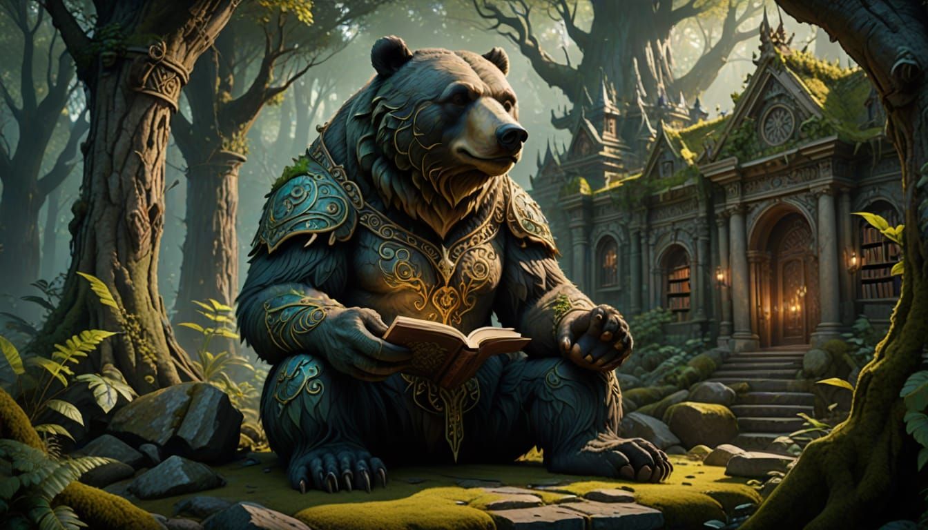 Ancient Stone Bear Guards Enchanted Forest Library