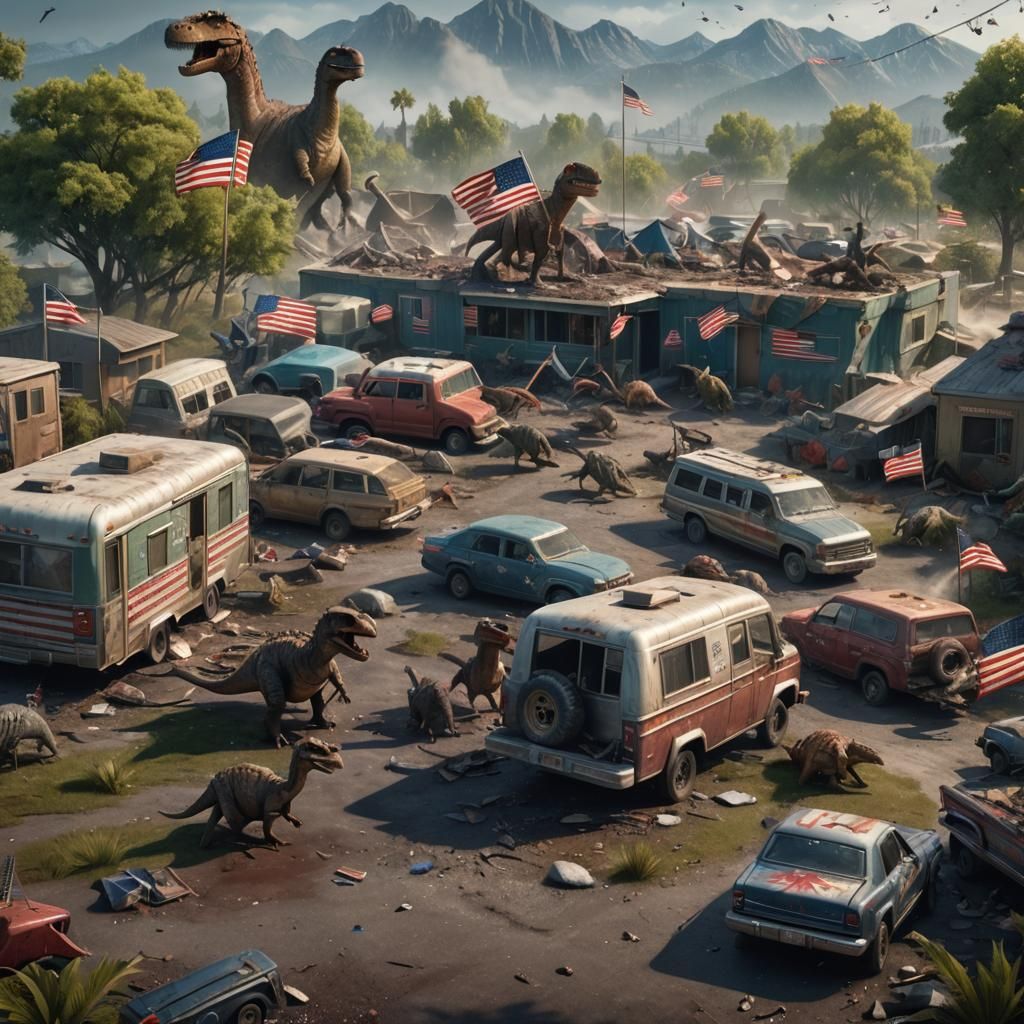 Dinosaurs Destroying Trailer Park: Detailed Matte Painting