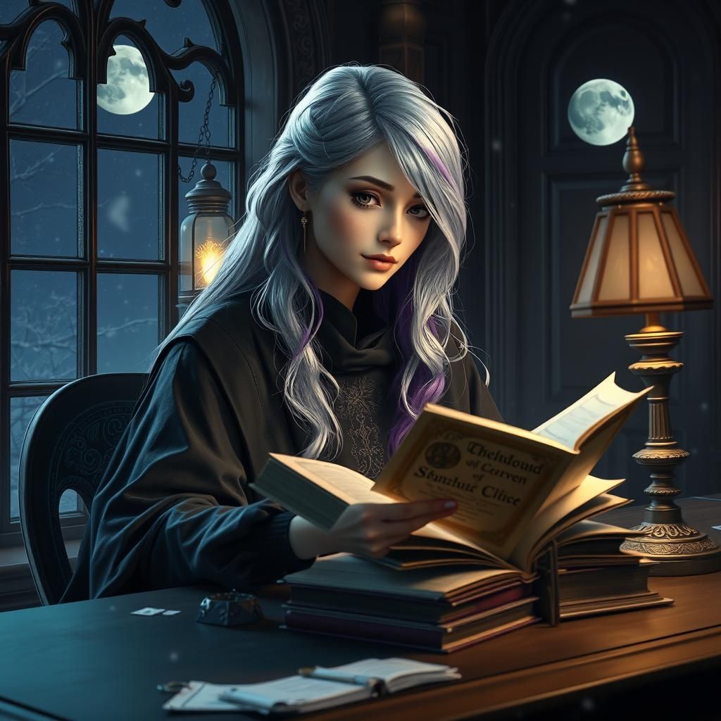 Silver-Haired Scholar Reading by Moonlight