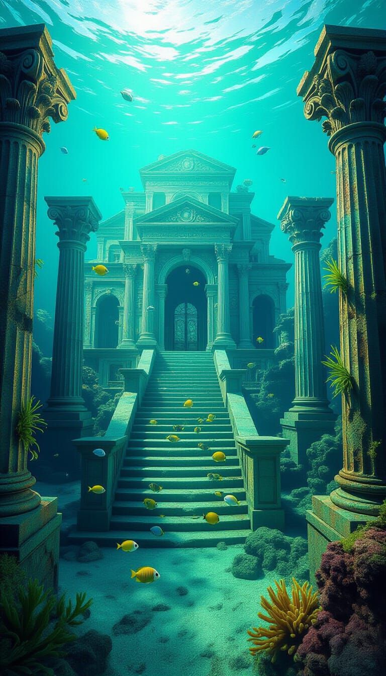 Lost Atlantis City Under Turquoise Ocean Waters in Surreal S...