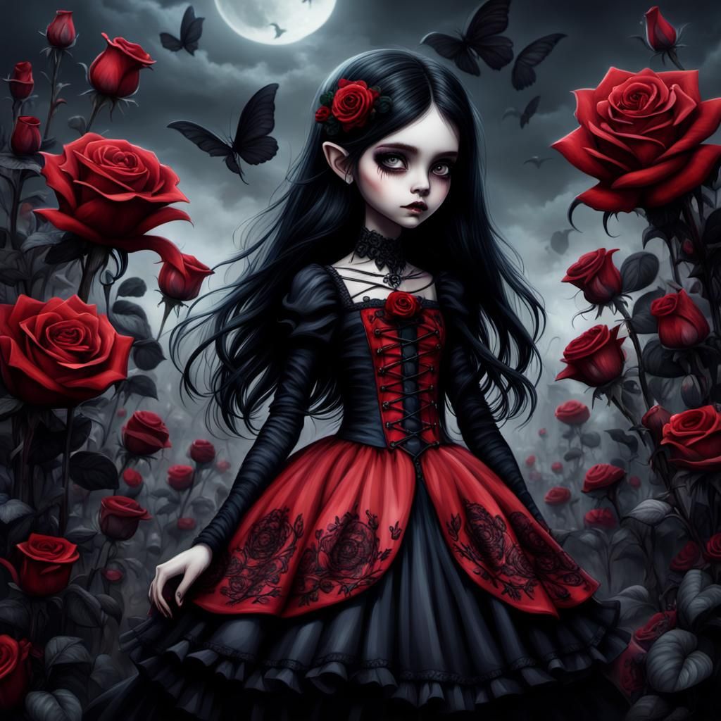 Gothic Pixie with Black Roses in Burtonesque Style