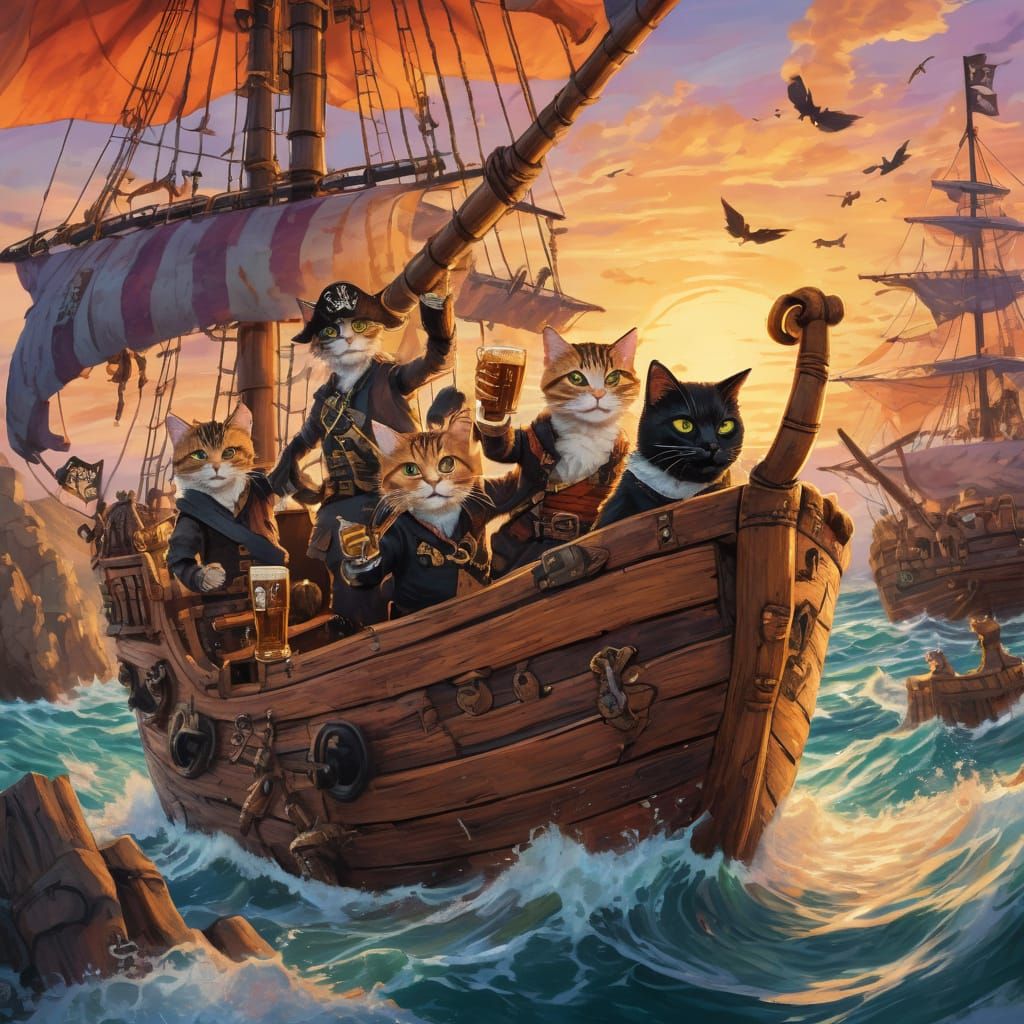 Anthropomorphic Cat Pirates Enjoying Sunset Beer in Anime St...