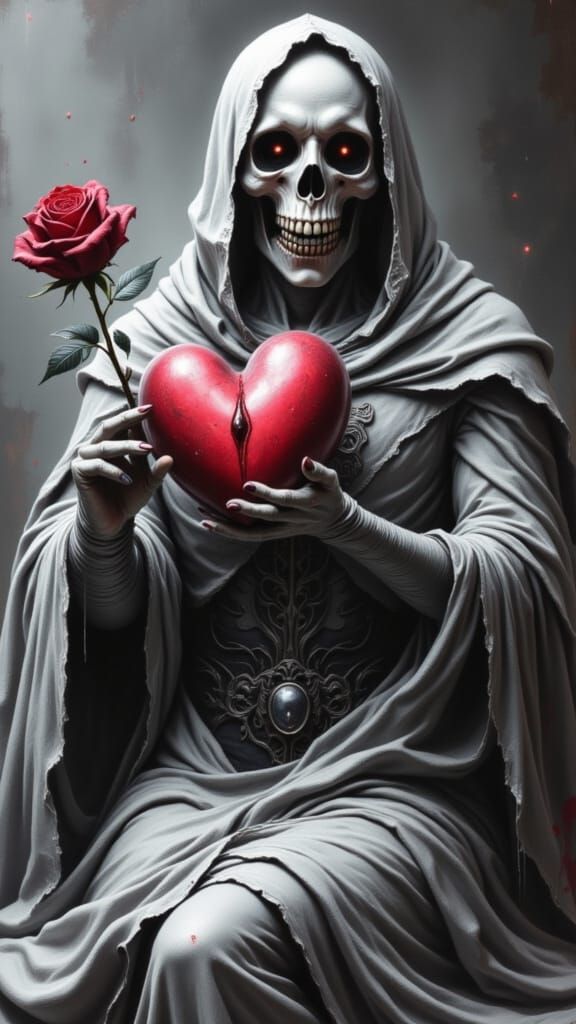 A macabre Valentine's scene, a ghostly suitor offering a bleeding heart rose,