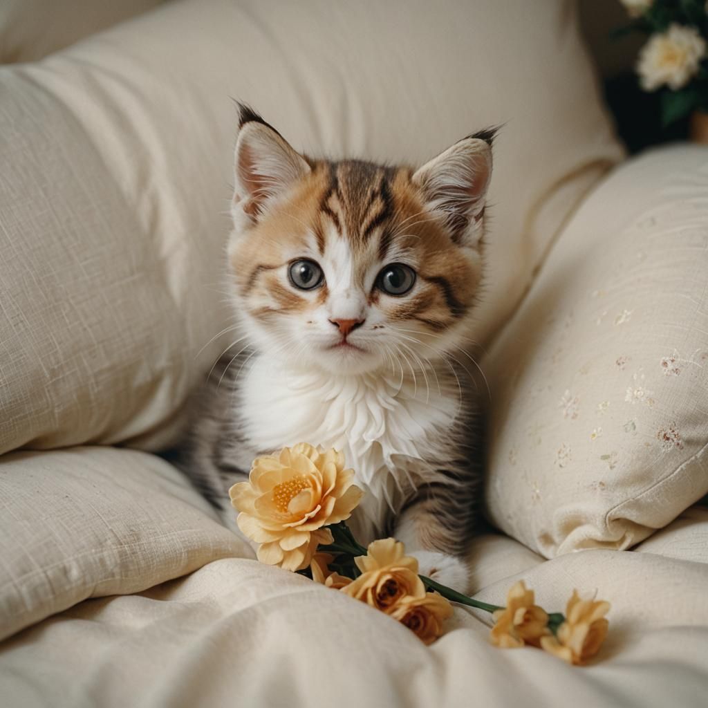 Cute Kitten with Flower Pillow in Film Aesthetic