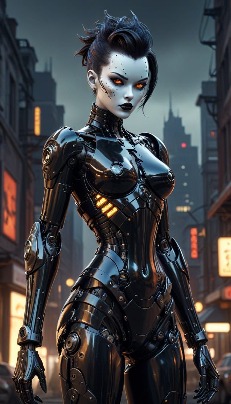 Gothic Gynoid Pinup in Cyberpunk City