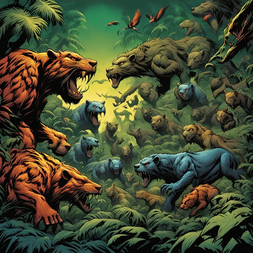 Chaotic Jungle Animal Clash in Comic Book Style