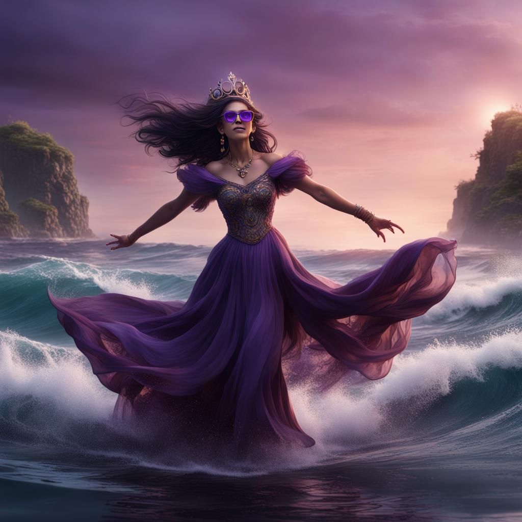 Woman Dancing on Ocean Waves: Detailed Matte Painting