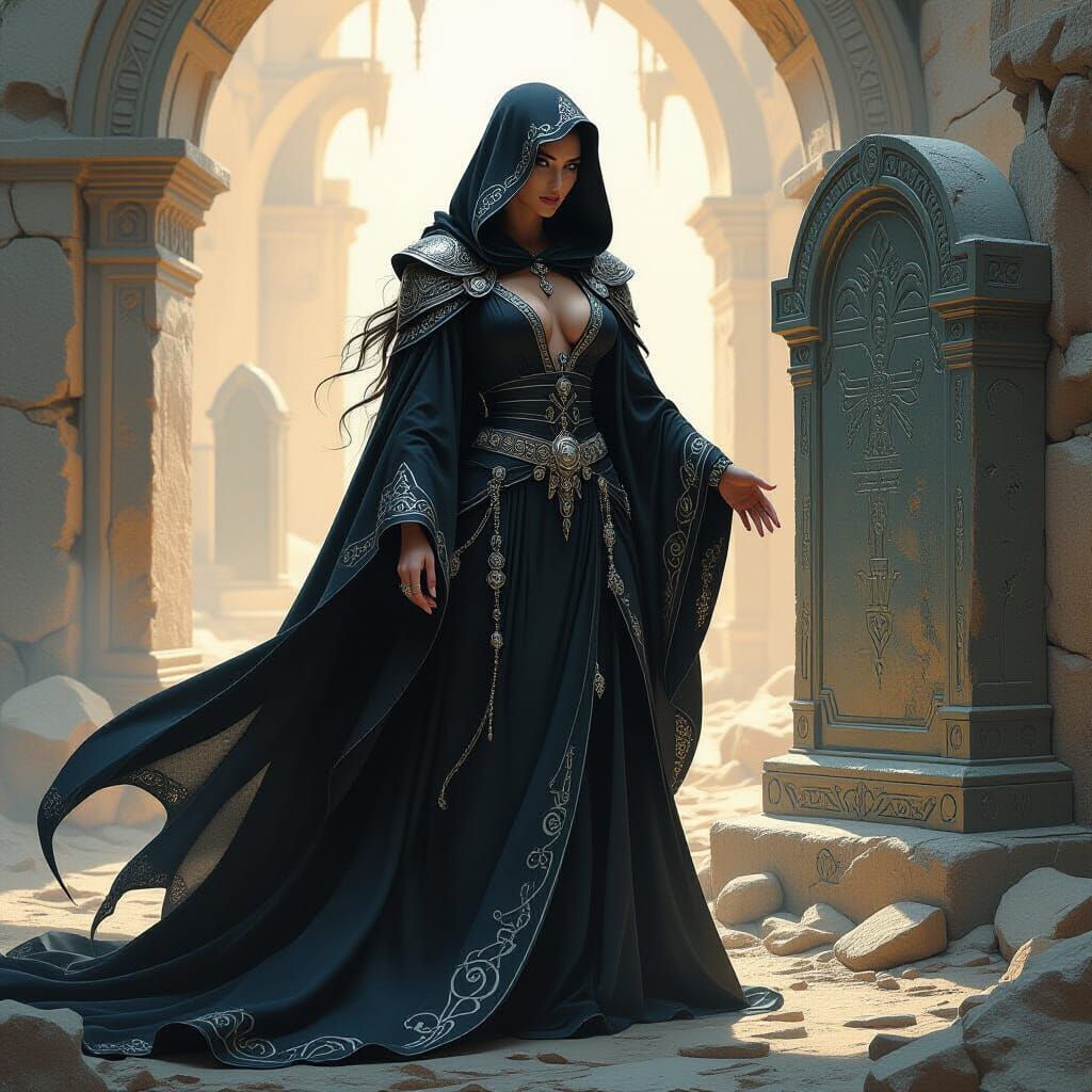 Mystical Sorceress at Ancient Tomb, Frazetta Style