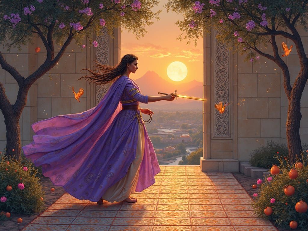 Surreal Persian Fantasy Scene in Miniature Painting Style