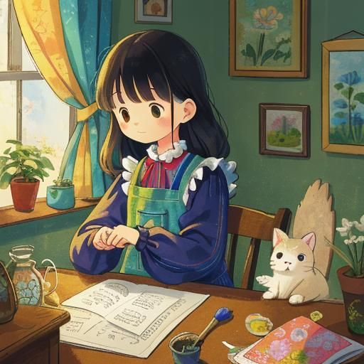 Woman Sewing Patchwork Quilt in Folk Art Style