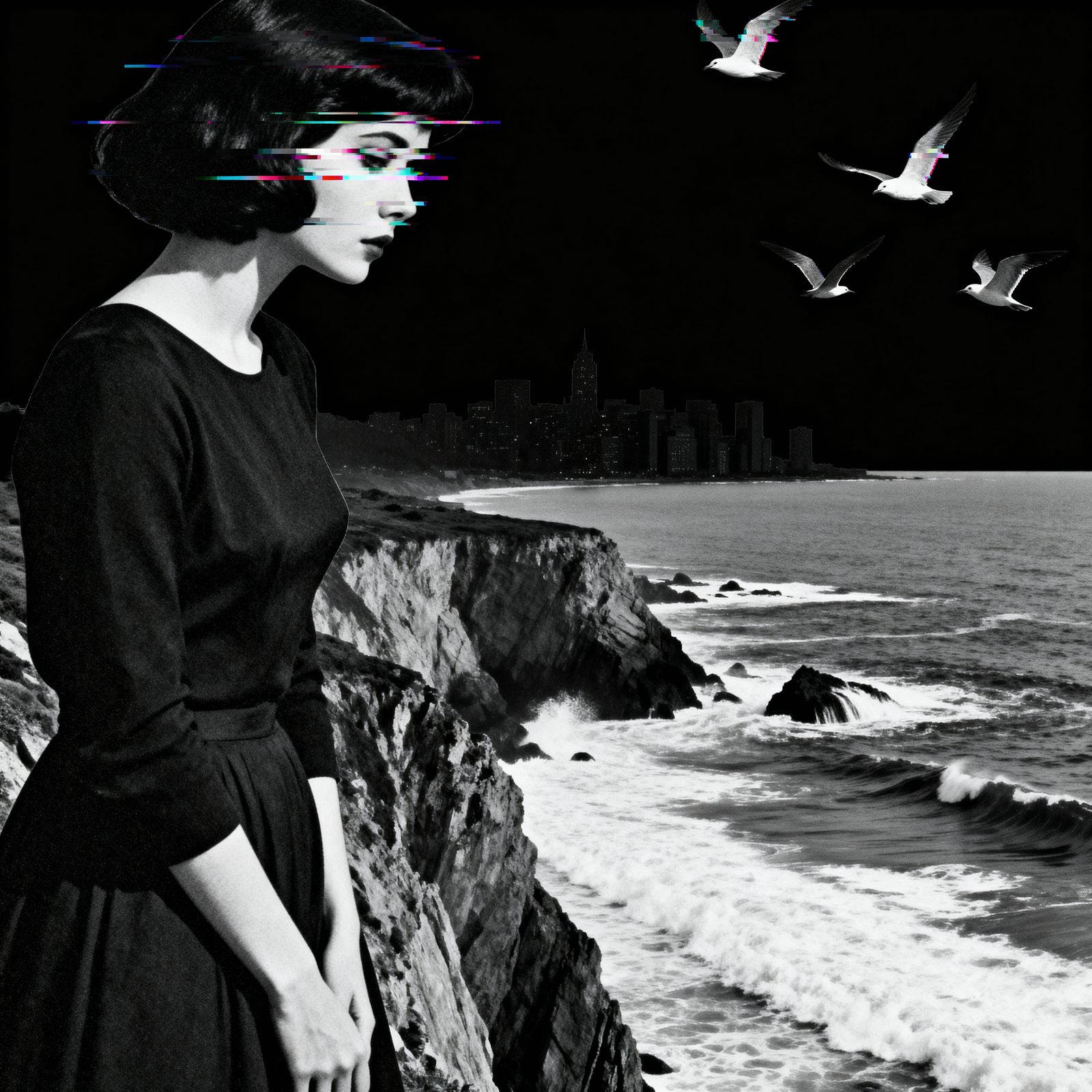 Psychological Surrealism: Woman Amidst Glitching Cliffs and ...