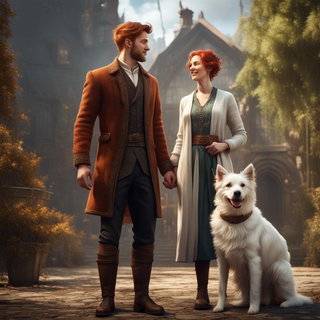Happy Couple with Dog in Detailed Digital Painting