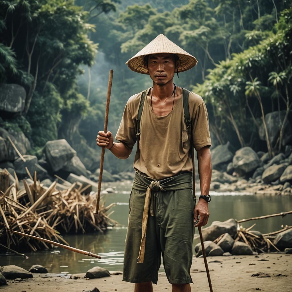 Vietnamese Fisherman in Cinematic Film Still