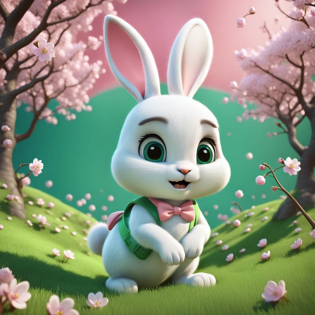 Cute 3D Rabbit in Springtime Cherry Blossom