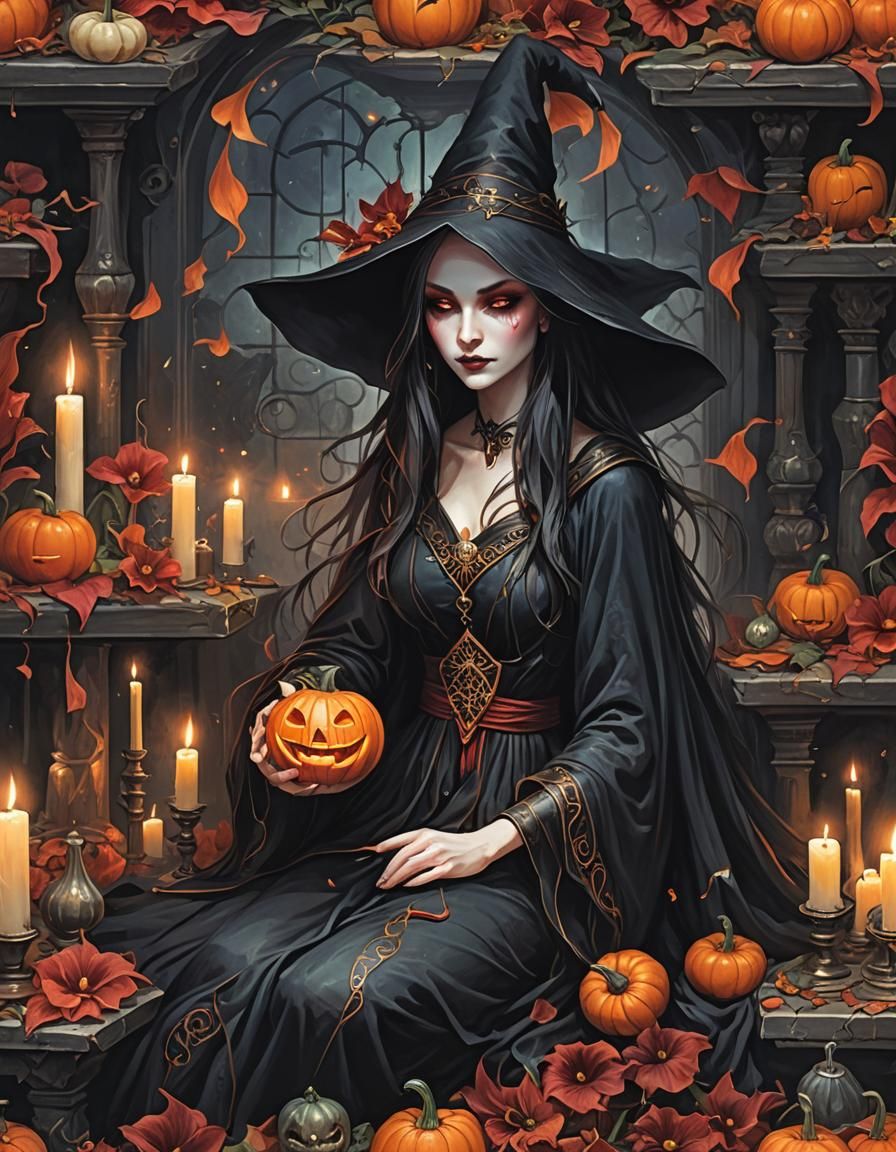 Enchanting Sorceress with Calla Lilies in Gothic Chamber