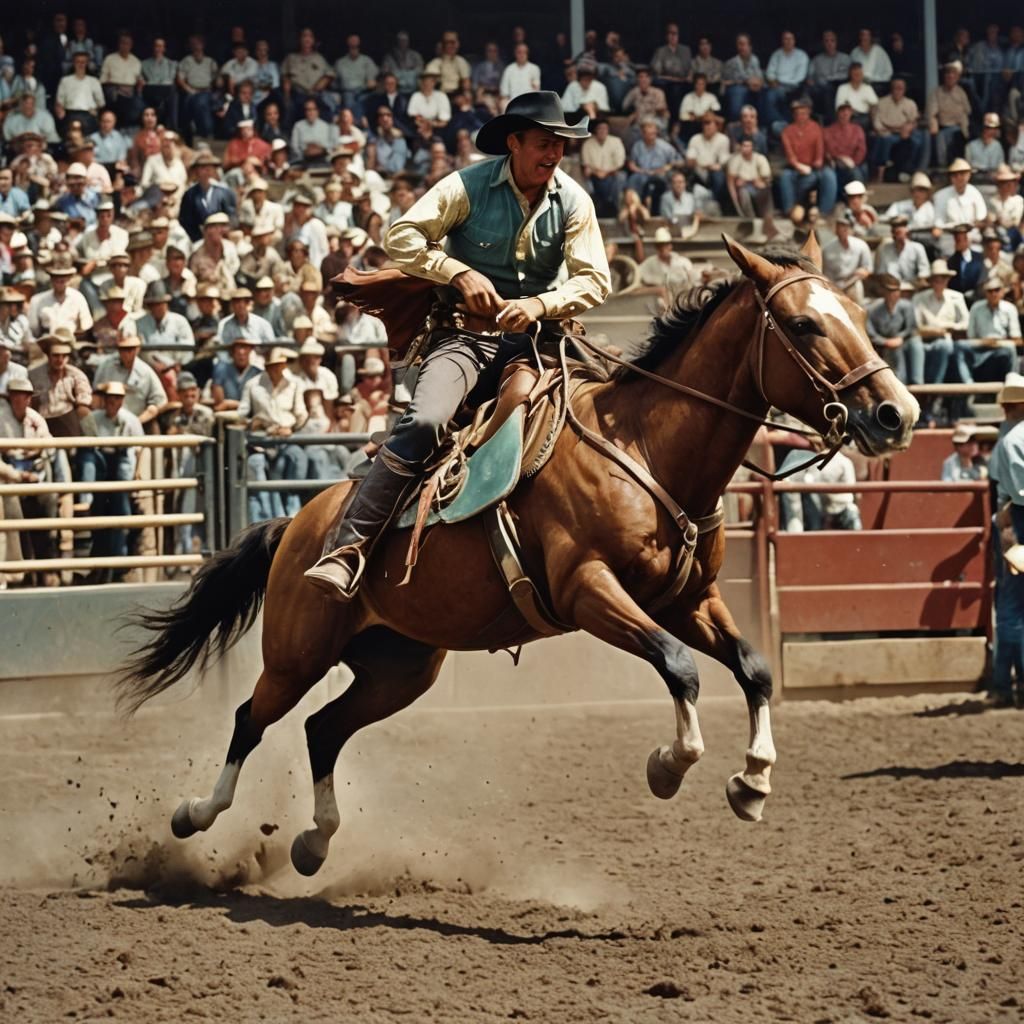 Cowboy Rides Jumping Horse: 1950s Color Photo