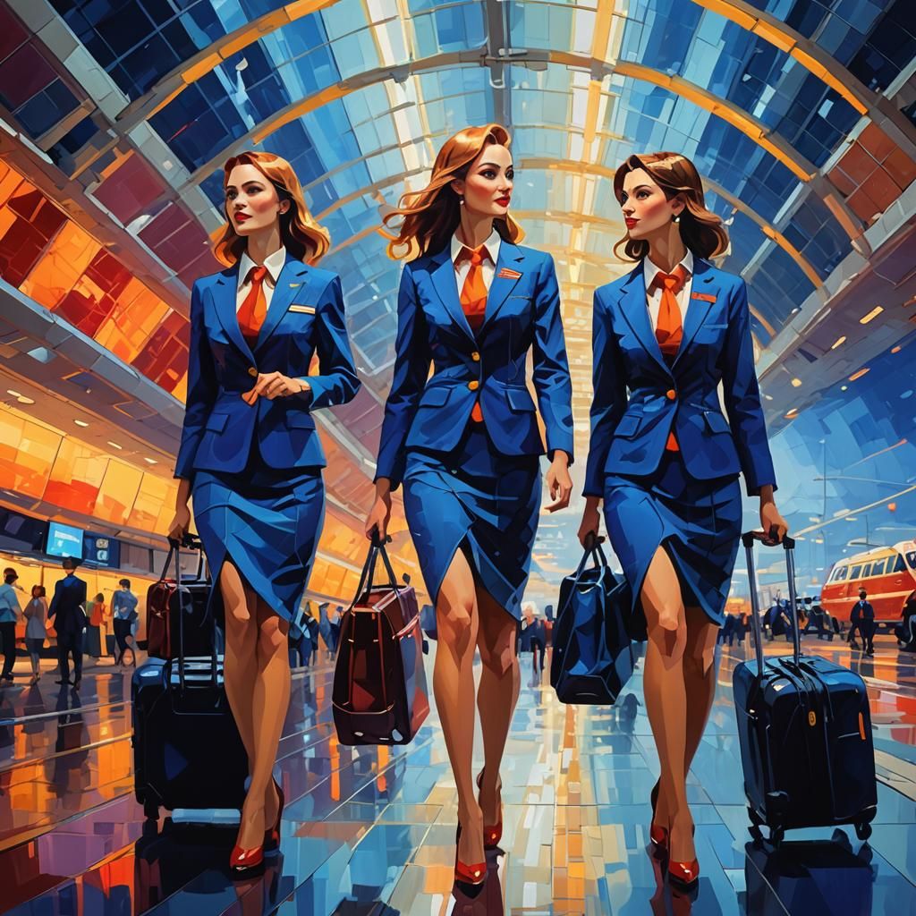 Stewardesses in Airport: Neo-Impressionism Digital Painting