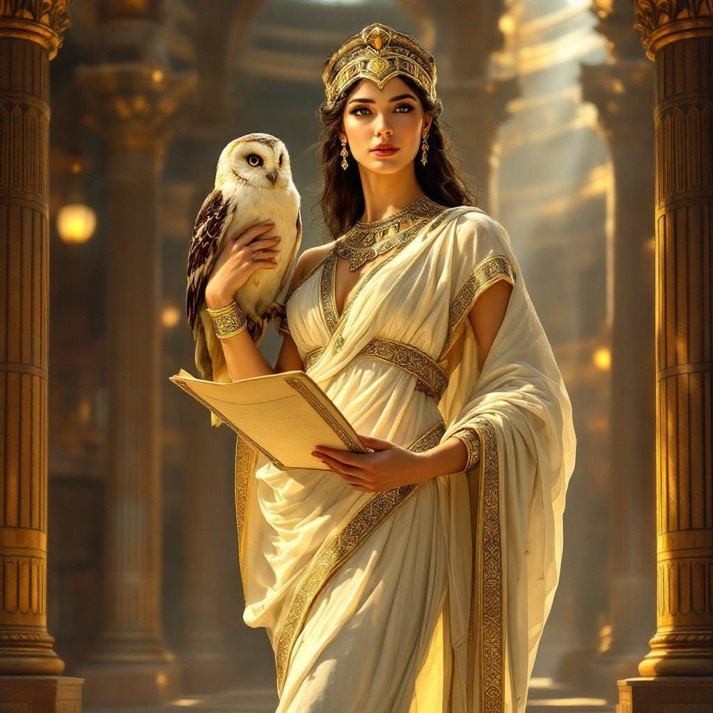 Athena in Ancient Library, Art Nouveau Style