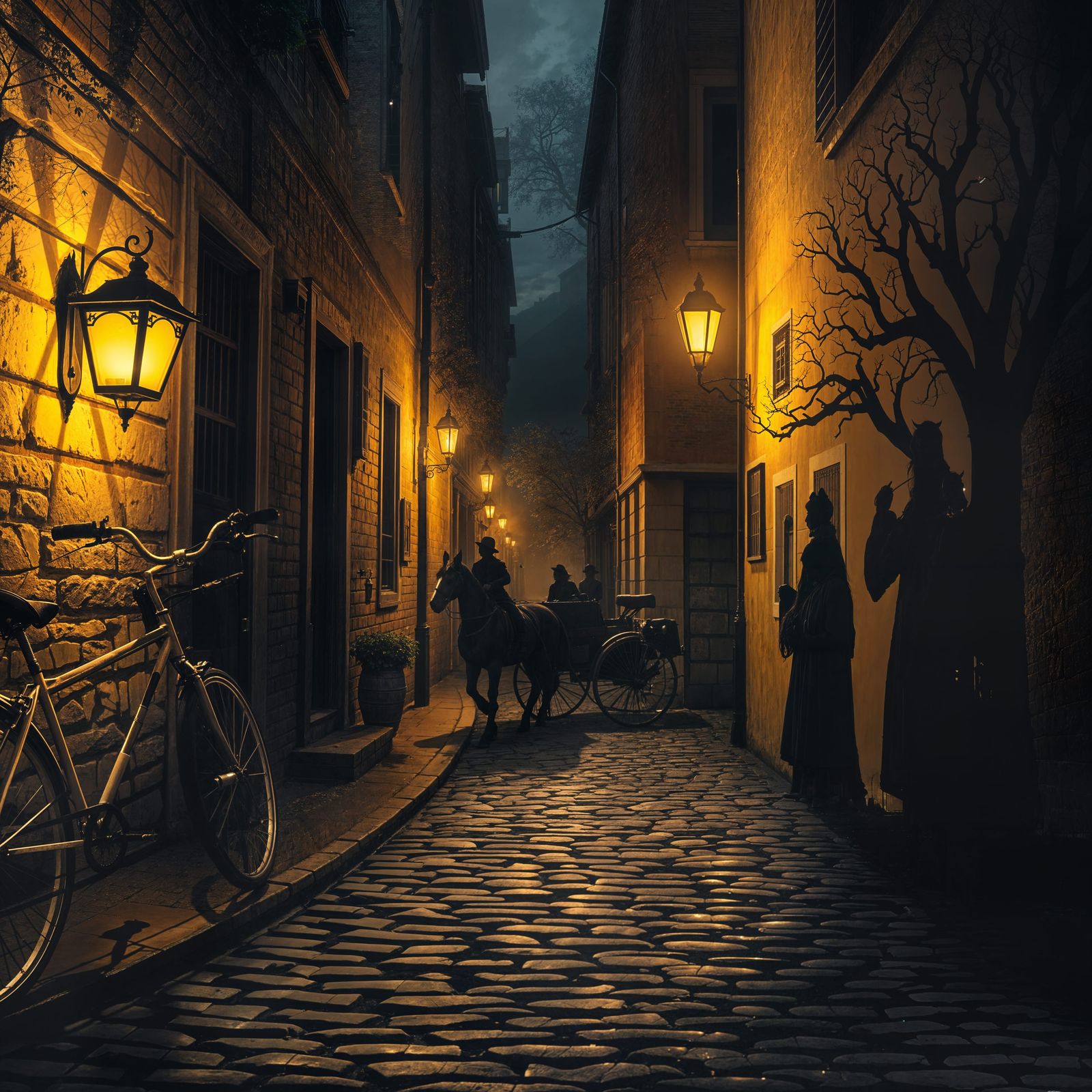 Vibrant Shadows Dance on a Flickering Cobblestone Street