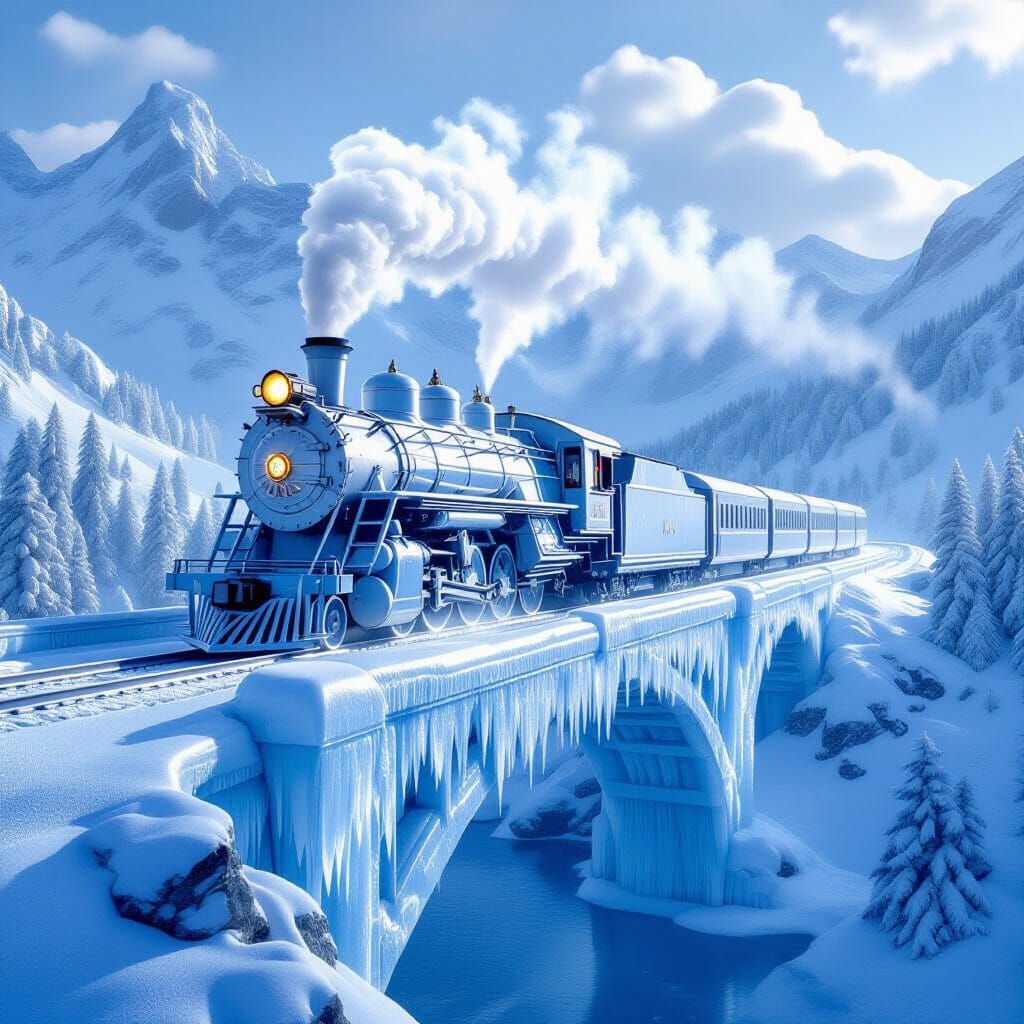 Ice Crystal Locomotive on Frozen Bridge in Winter Landscape