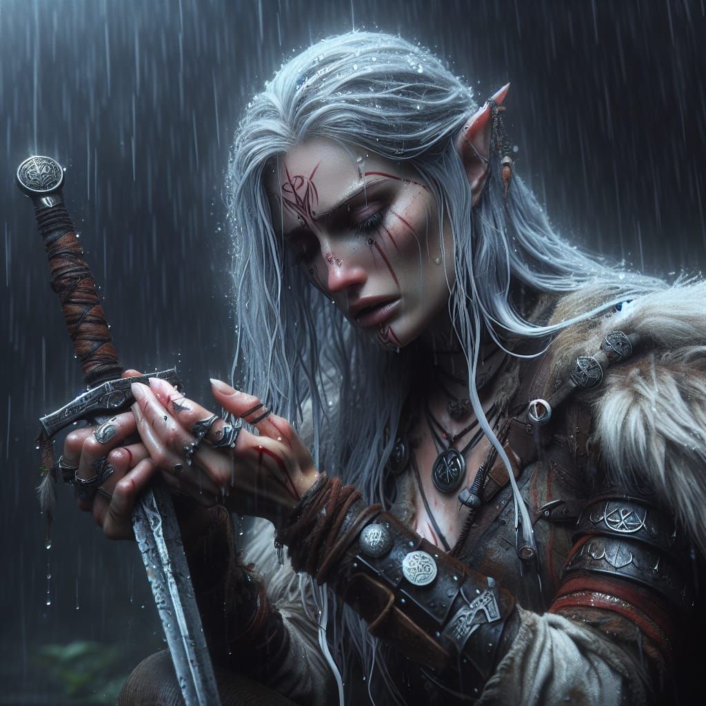 Sorrowful Elven Scout in Rainy Battlefield Scene