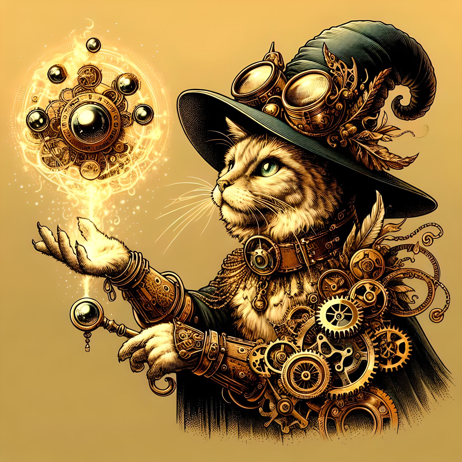 A steampunk-styled cat wizard casting a magical spell. The c...
