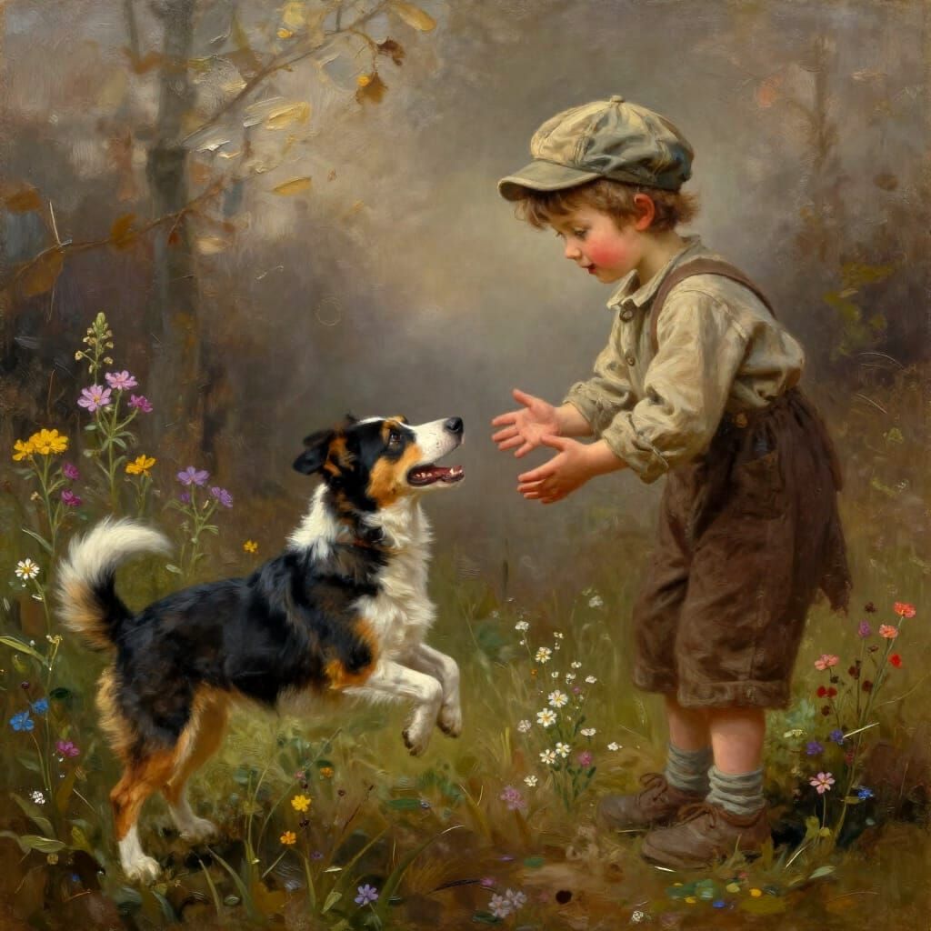 Child Welcomes Joyful Dog in Hyper-Realistic Oil Painting